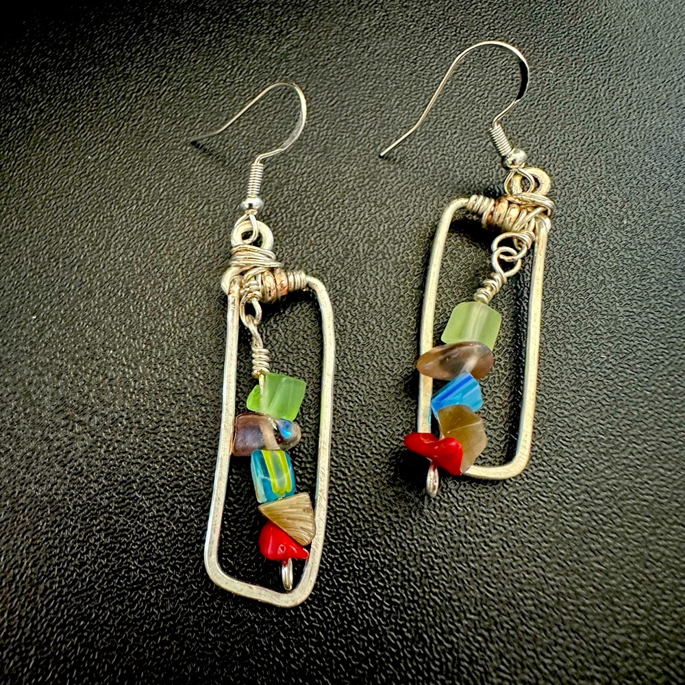 Silver Geometric Earrings with Glass Beaded Accents